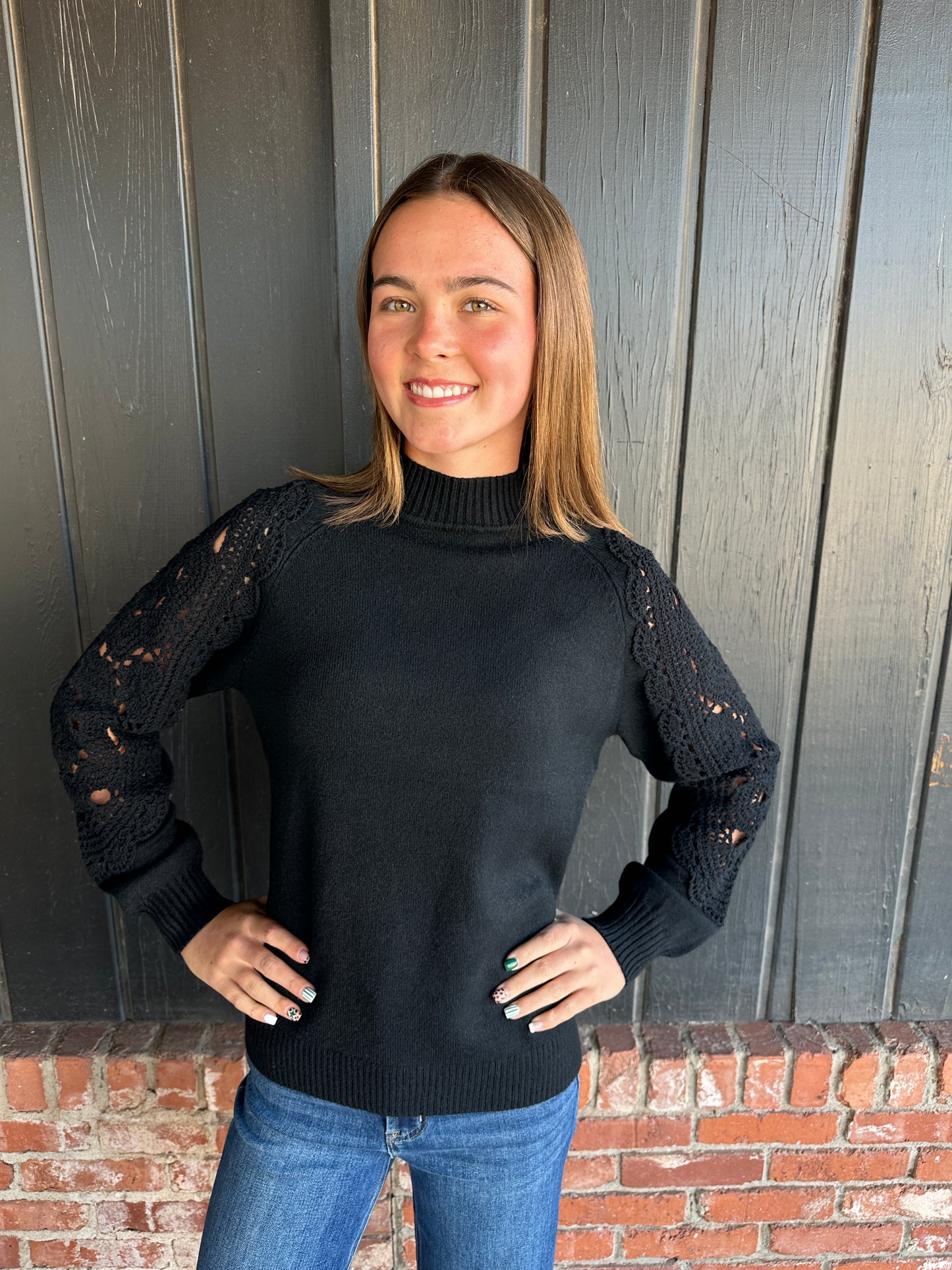 Crochet Sleeve Mock Neck Sweater