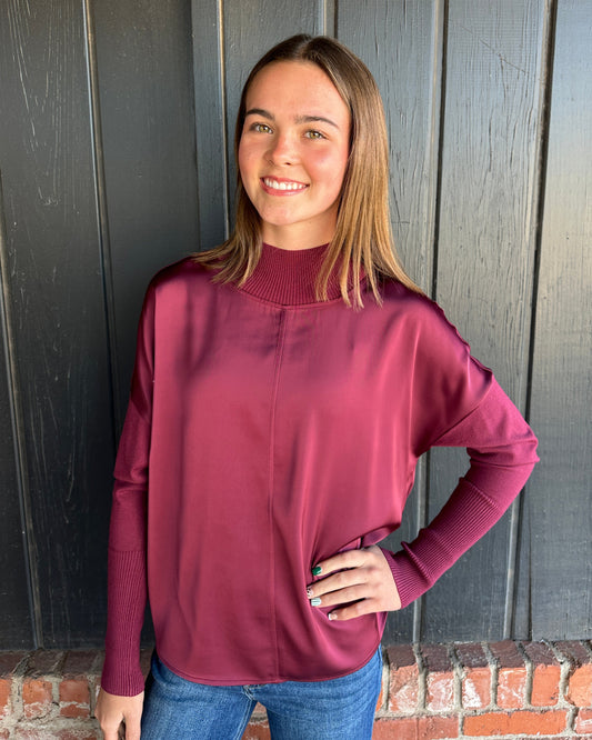 Burgundy Mock Neck Satin Combo Top