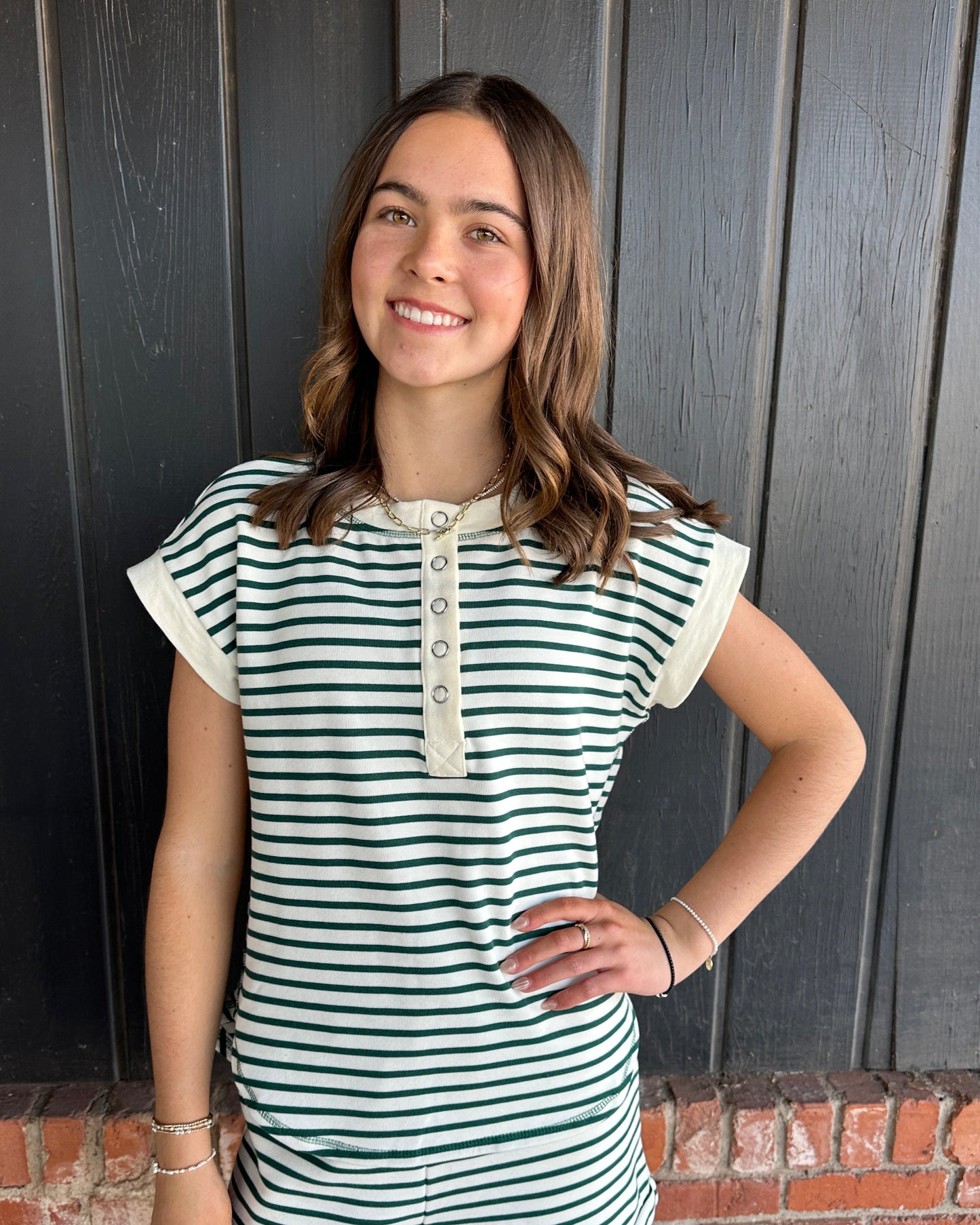 Green Stripe Elastic Waist Knit Mini Shorts