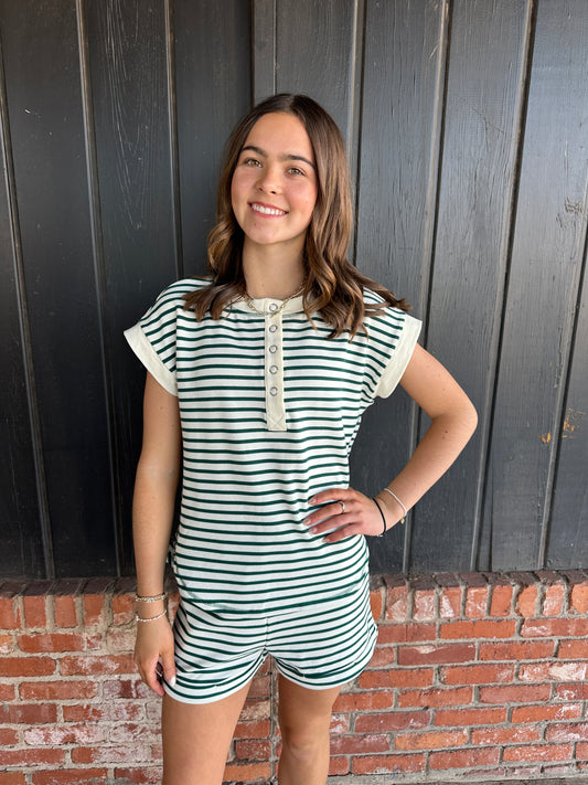Green Stripe Short Sleeve Snap Button Henley Knit Top