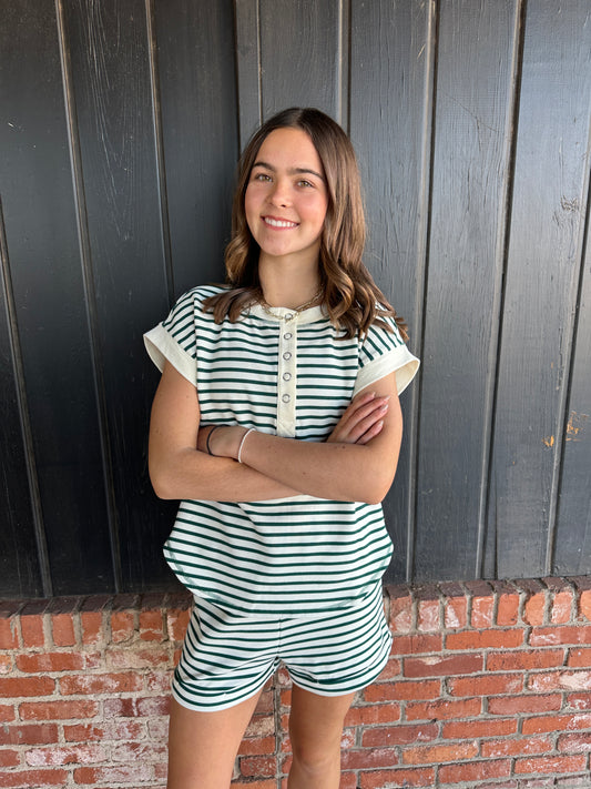 Green Stripe Short Sleeve Snap Button Henley Knit Top