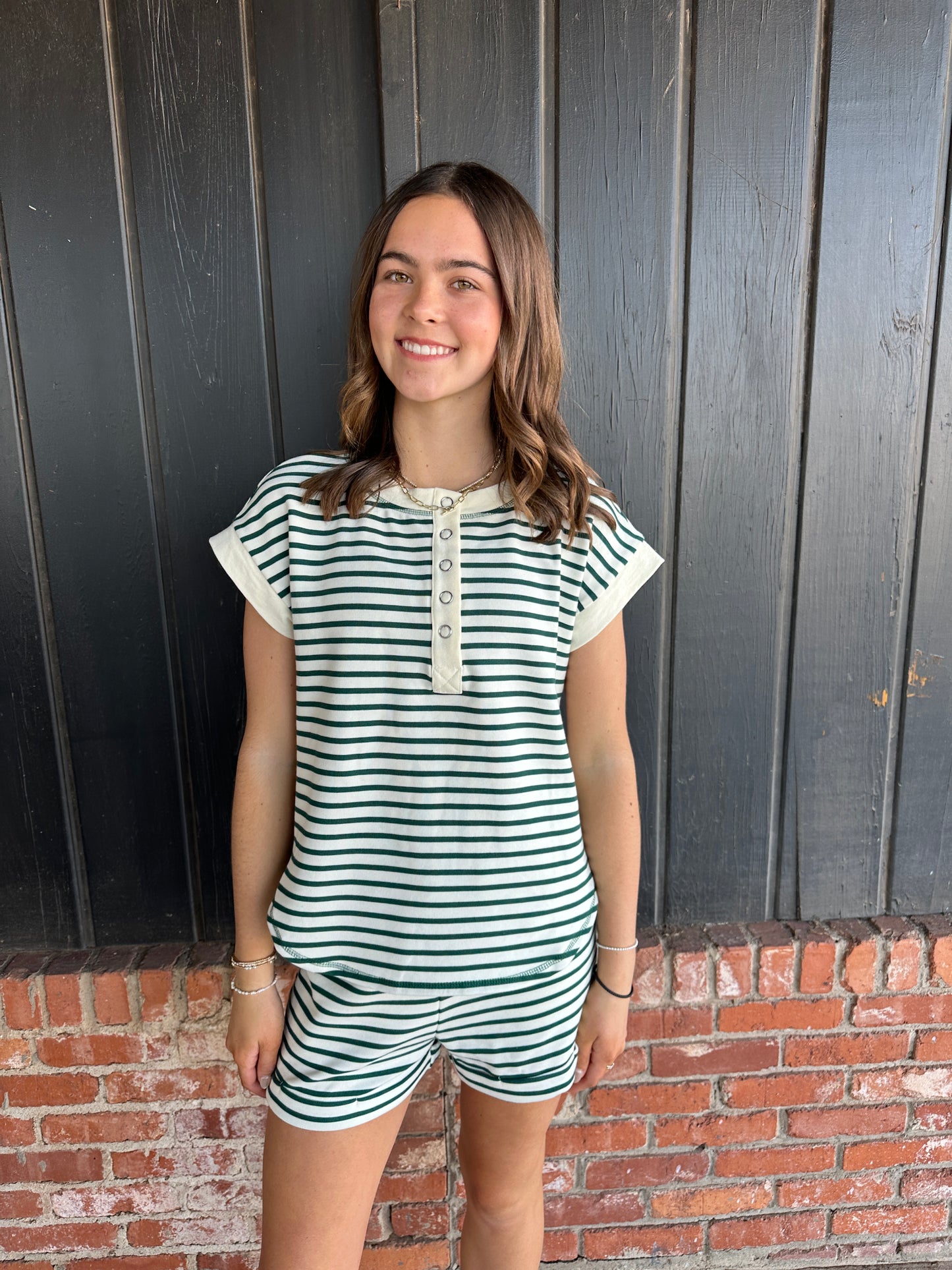 Green Stripe Elastic Waist Knit Mini Shorts