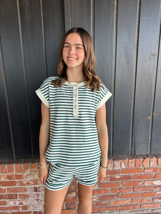 Green Stripe Elastic Waist Knit Mini Shorts