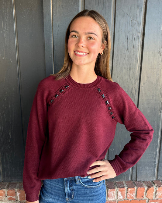 Cabernet Crew Neck Sweater with leather detail