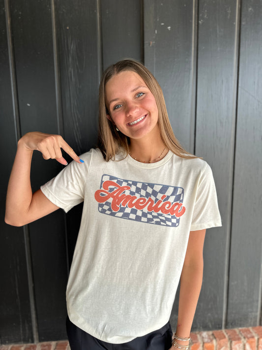 Checkered America Tee | Patriotic T Shirt | Usa Tee