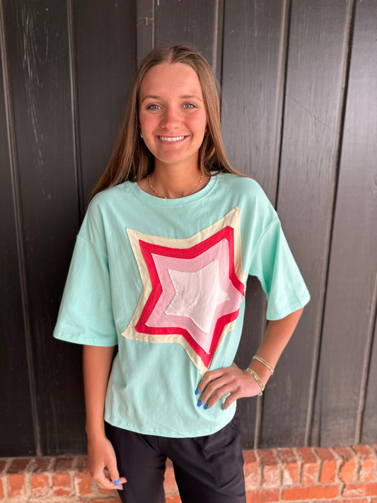 Women Colorblock Star Patched Oversized Tee