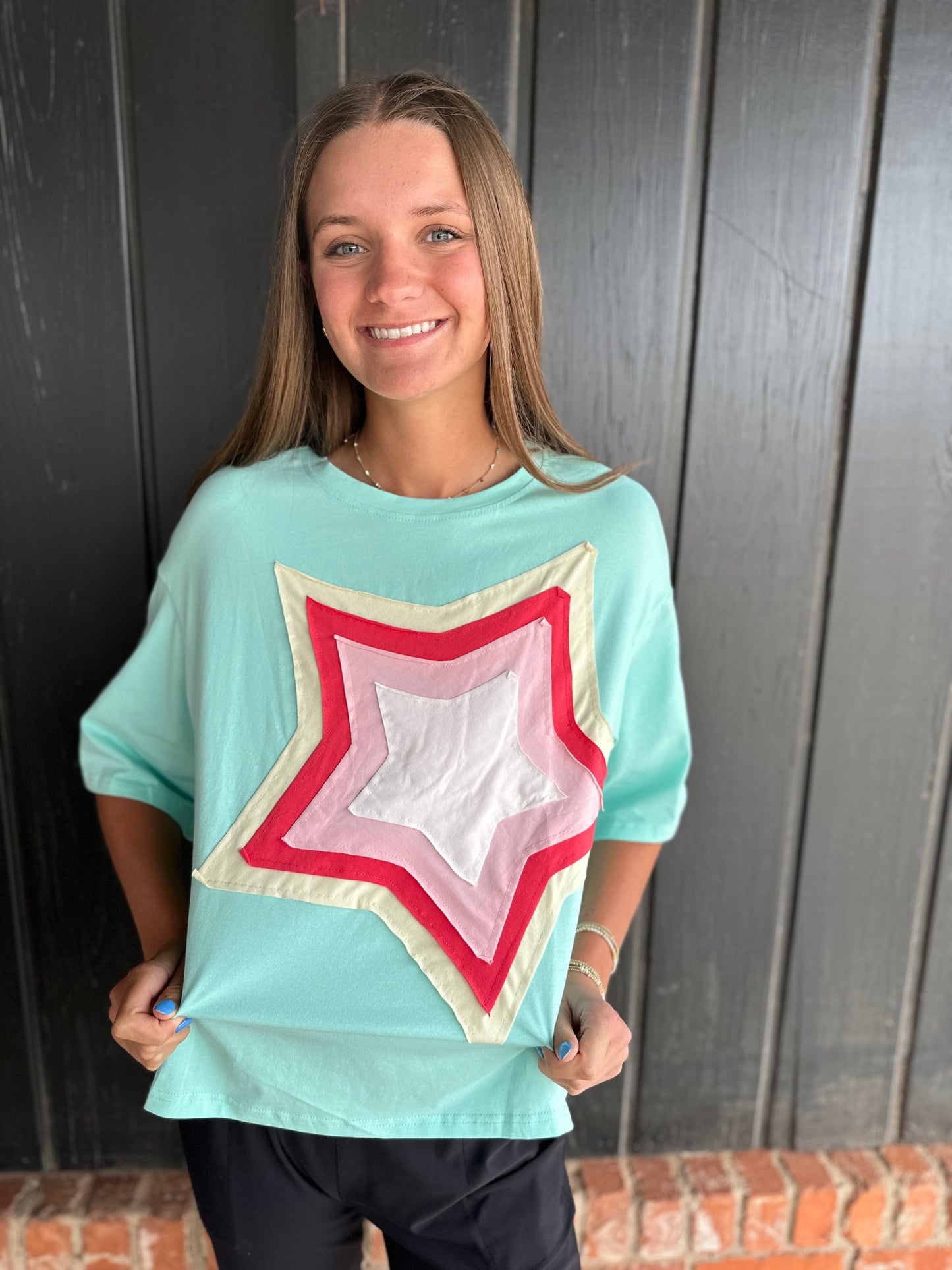 Women Colorblock Star Patched Oversized Tee