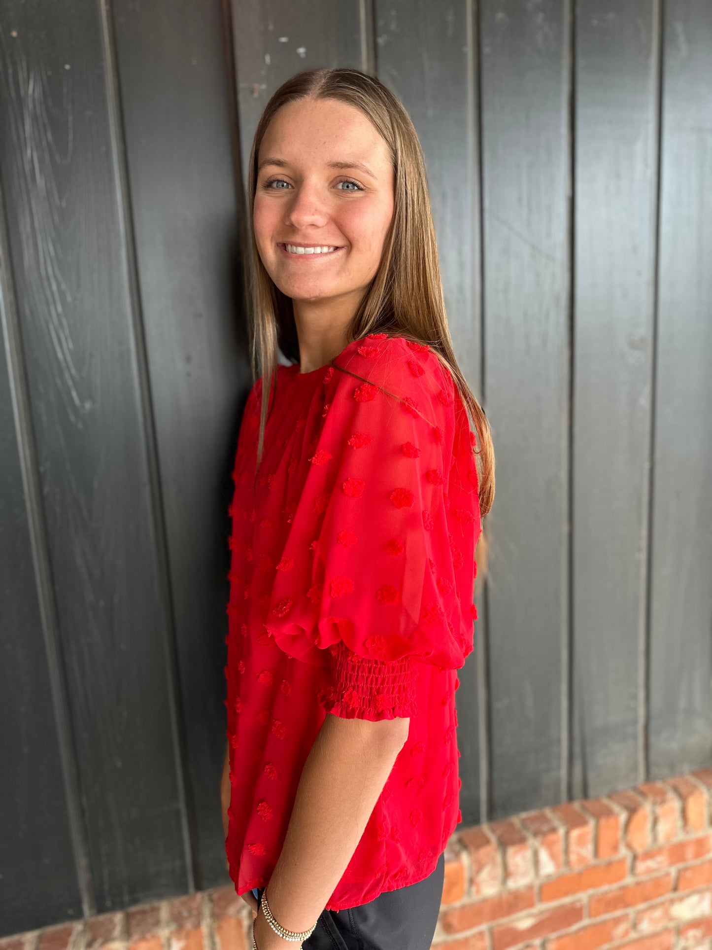 Red Round Neck Textured Swiss Dotted Sheer Blouse