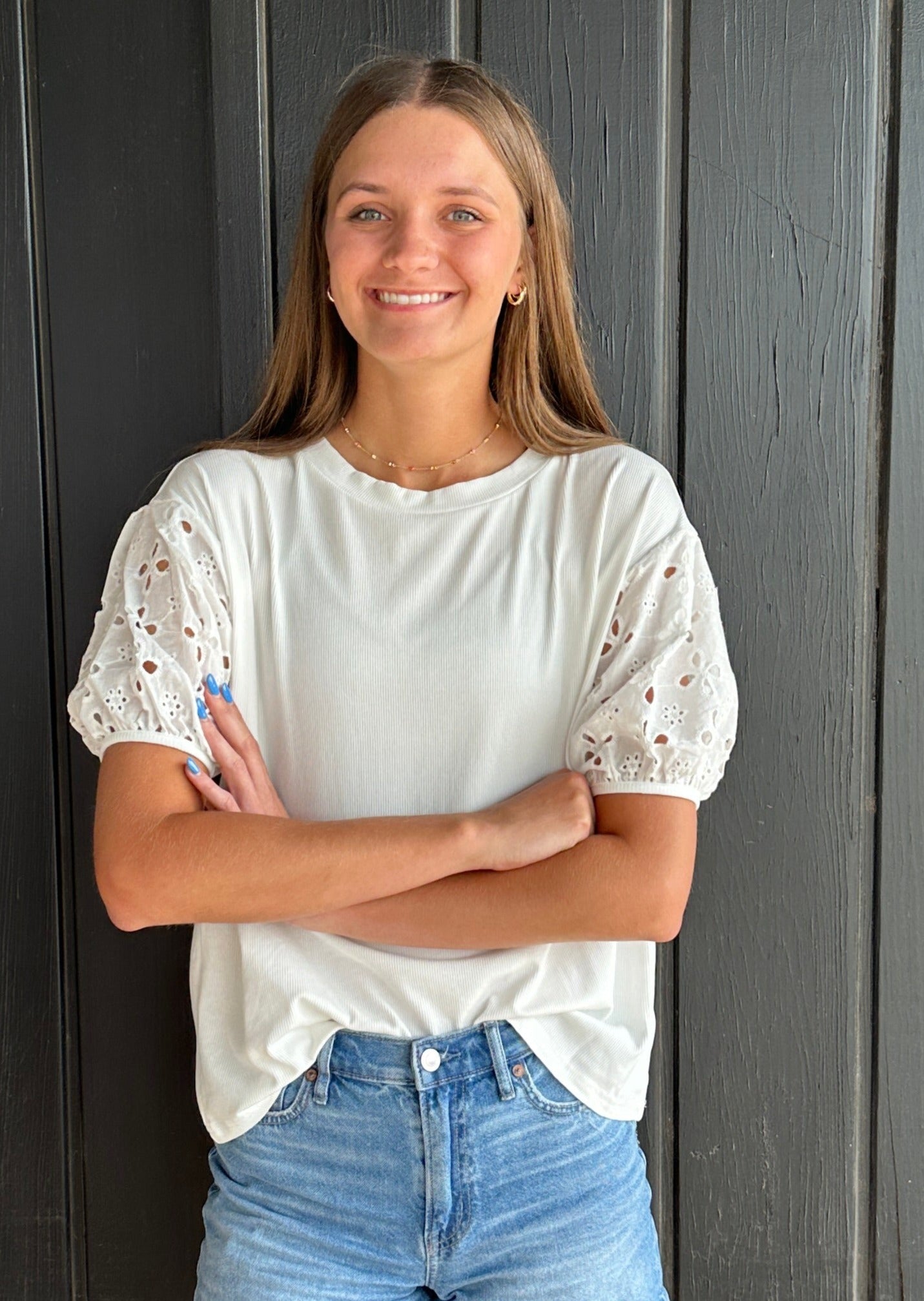 White eyelet lace sleeve ribbed knit top