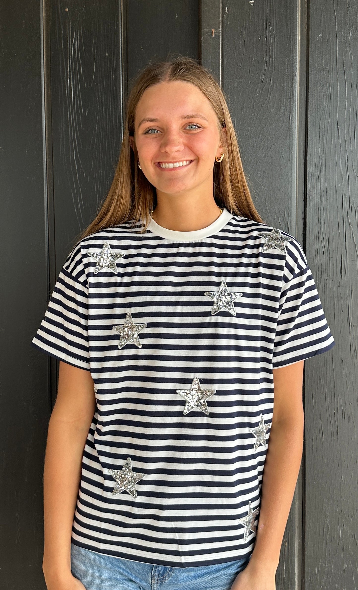 Navy and White Sequin Star Detail Stripe Knit Top