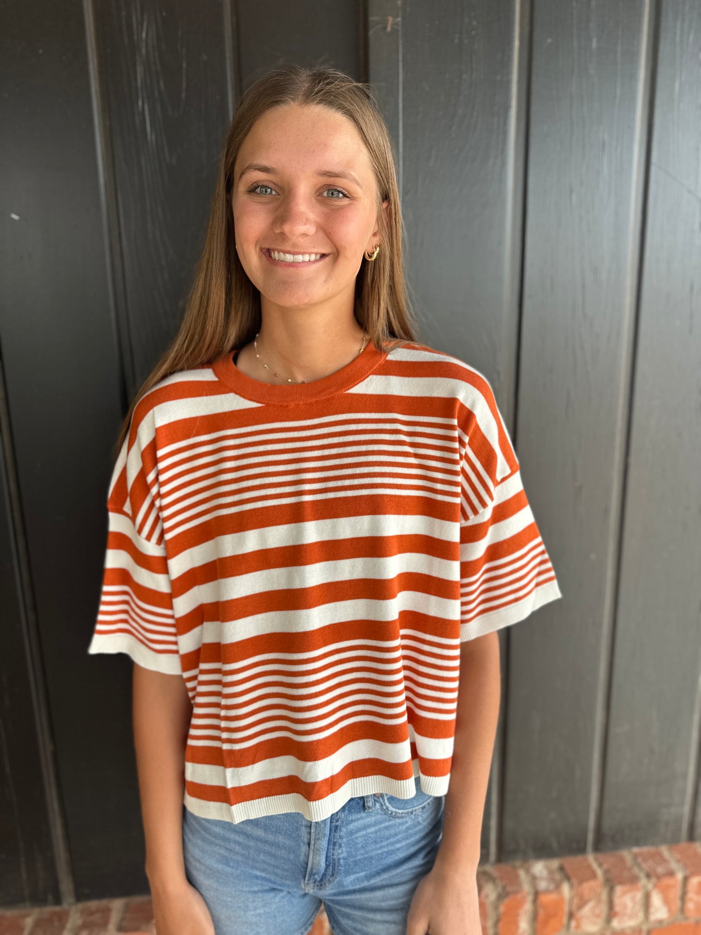 Rust Round Neck Short-Sleeve Striped Sweater Knit Top