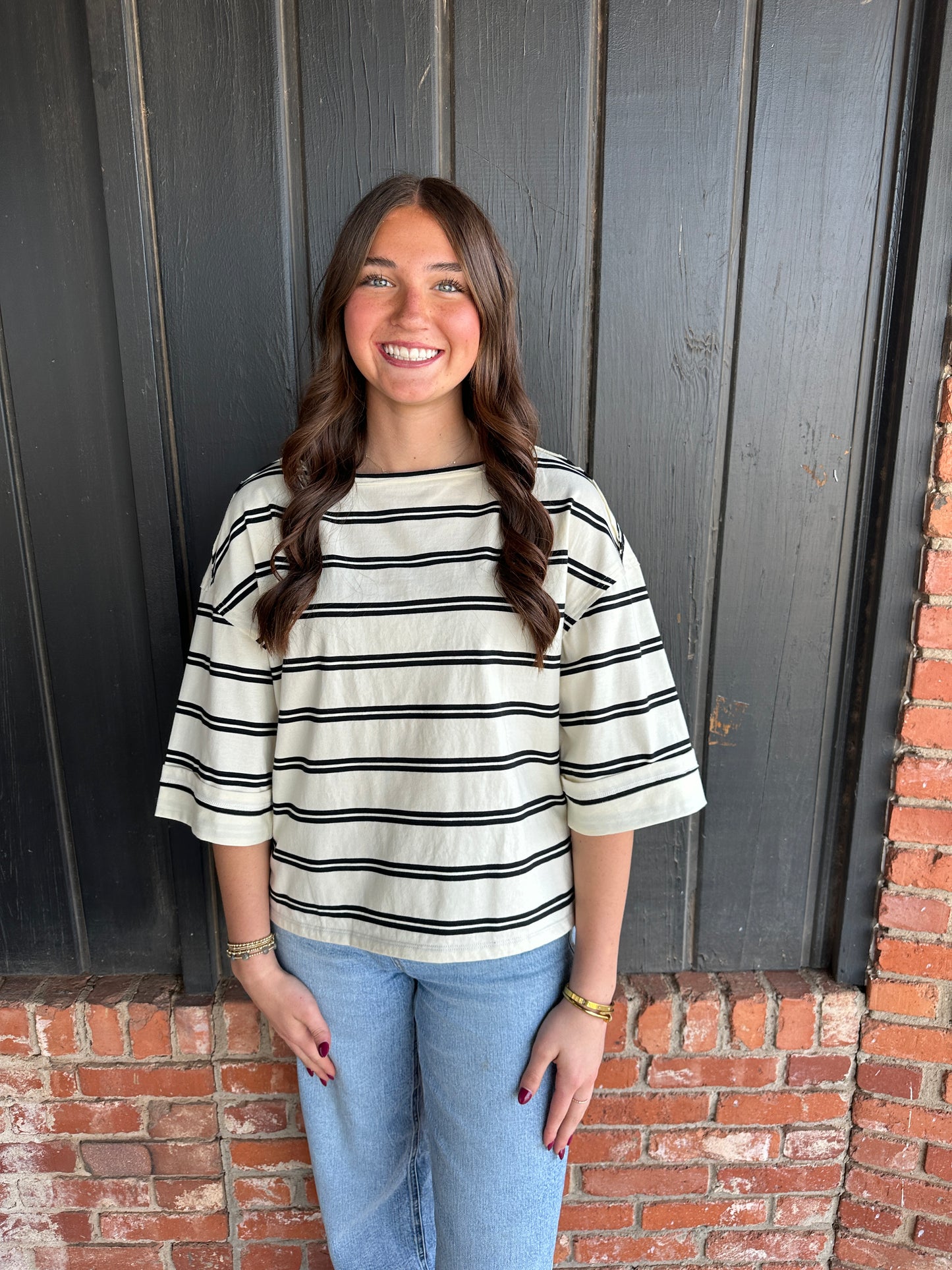 Black Stripe Raw Edge Cuff Sleeve Oversized Knit Top