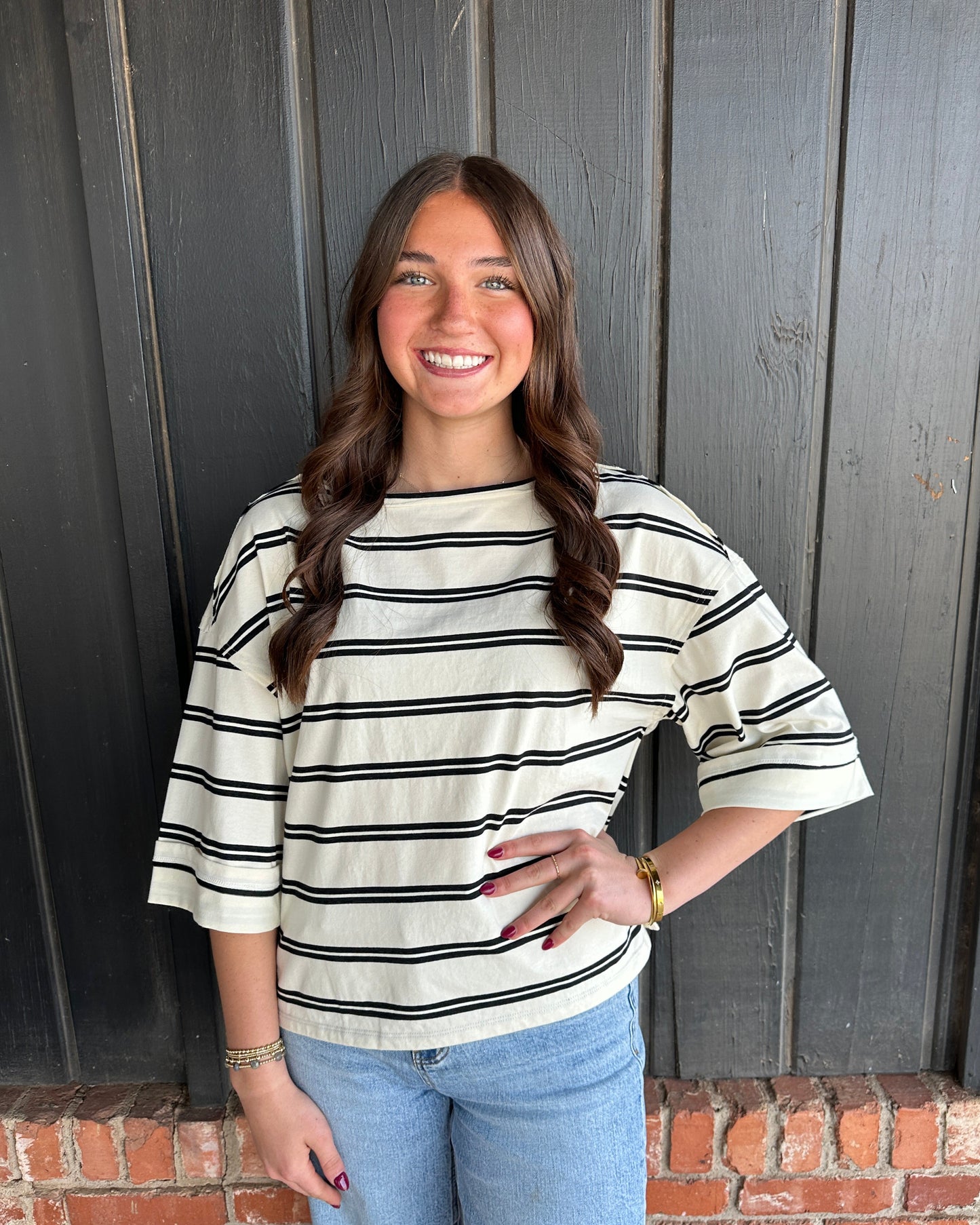 Black Stripe Raw Edge Cuff Sleeve Oversized Knit Top