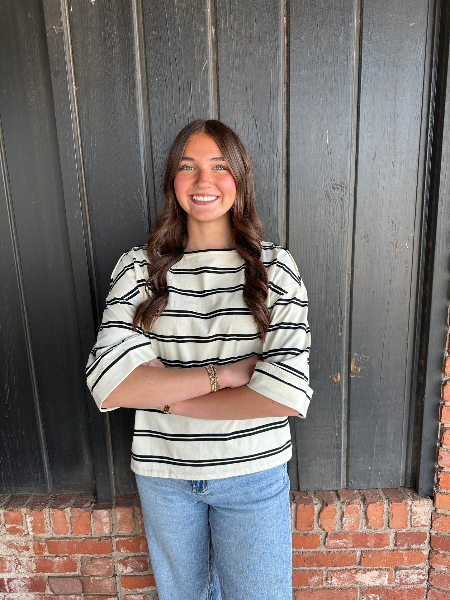 Black Stripe Raw Edge Cuff Sleeve Oversized Knit Top