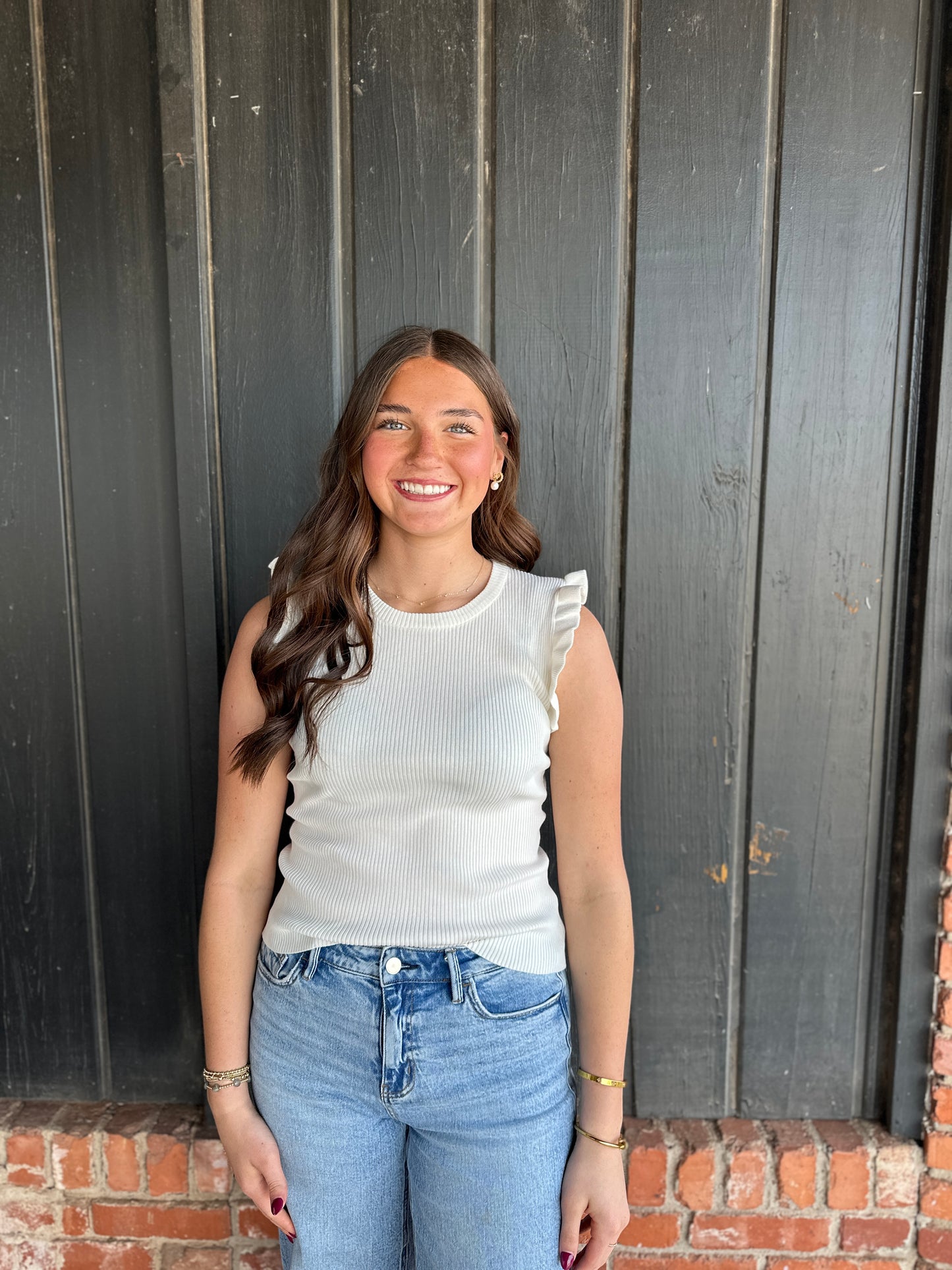 White Ruffle Sleeveless Sweater Knit Top