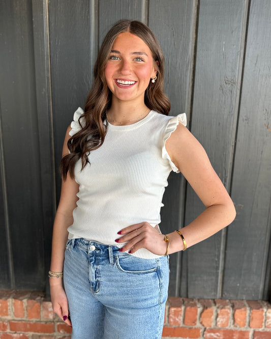 White Ruffle Sleeveless Sweater Knit Top