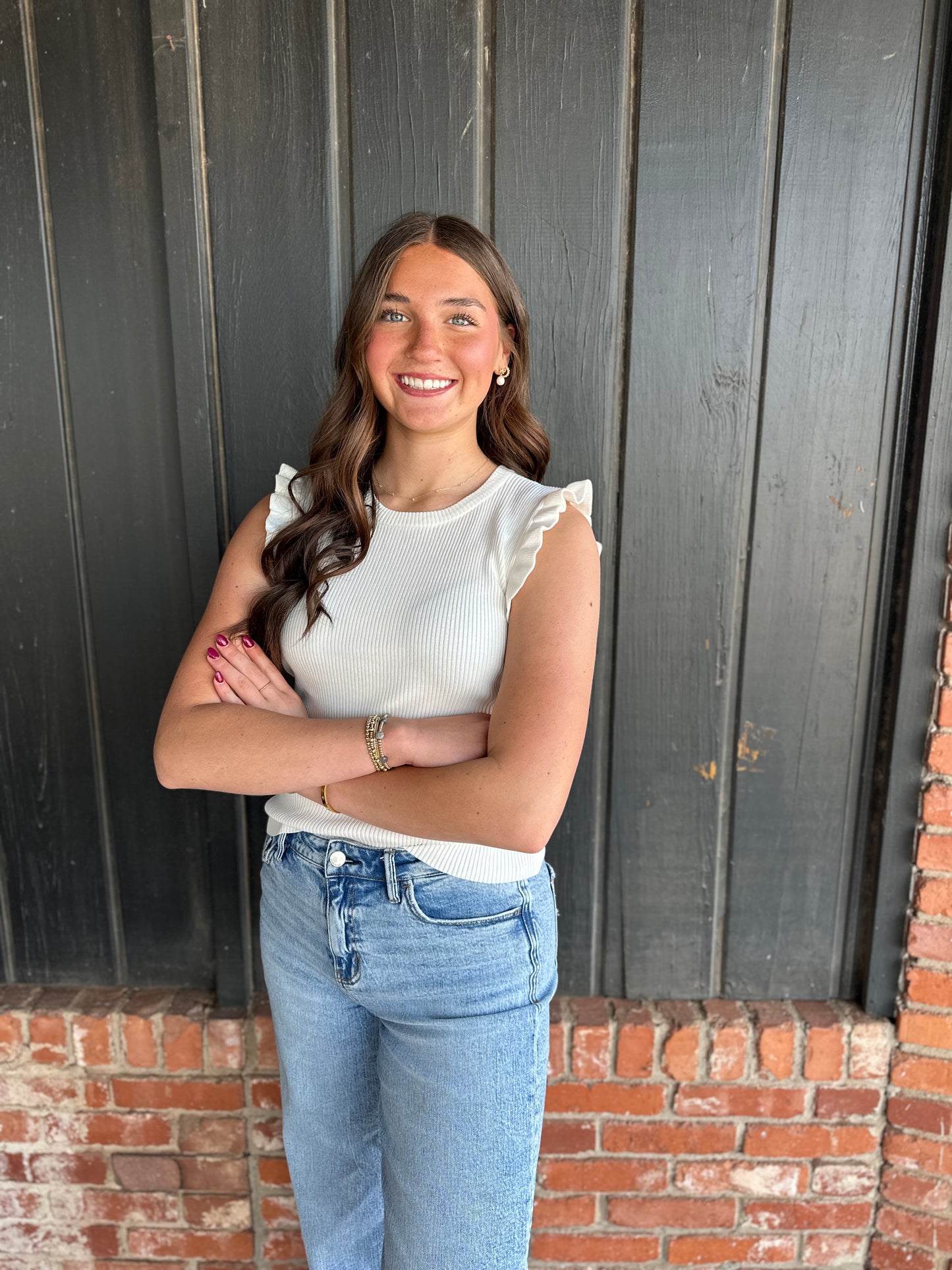 White Ruffle Sleeveless Sweater Knit Top