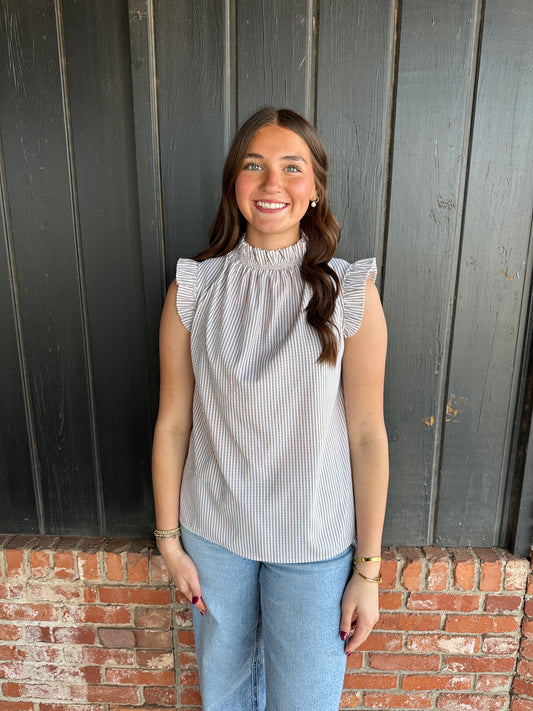 Taupe Ruffled Neckline sleeveless top