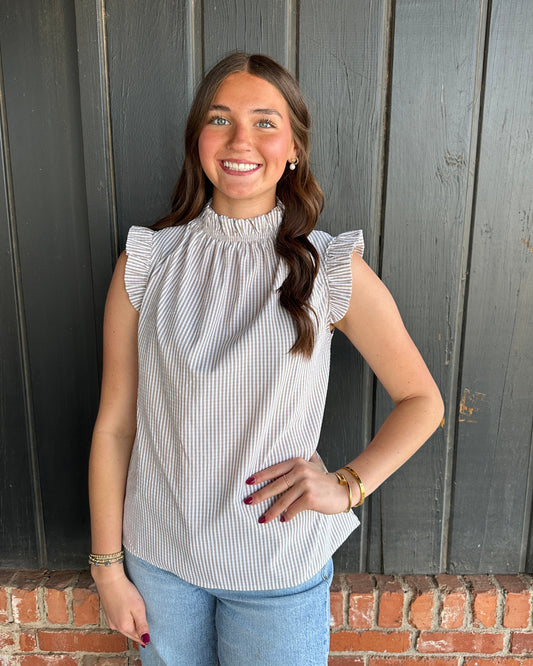 Taupe Ruffled Neckline sleeveless top