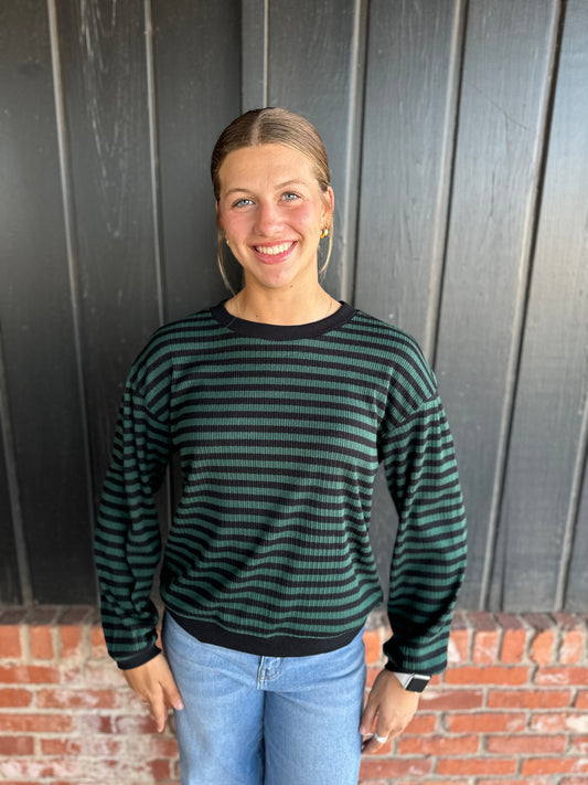 Green and Black Striped Pullover Top