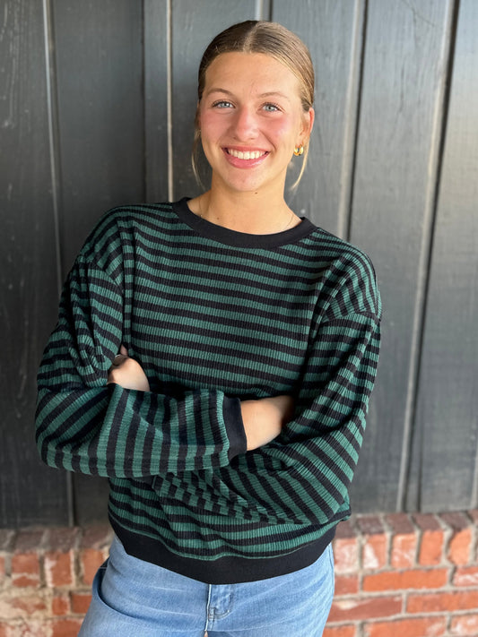 Green and Black Striped Pullover Top