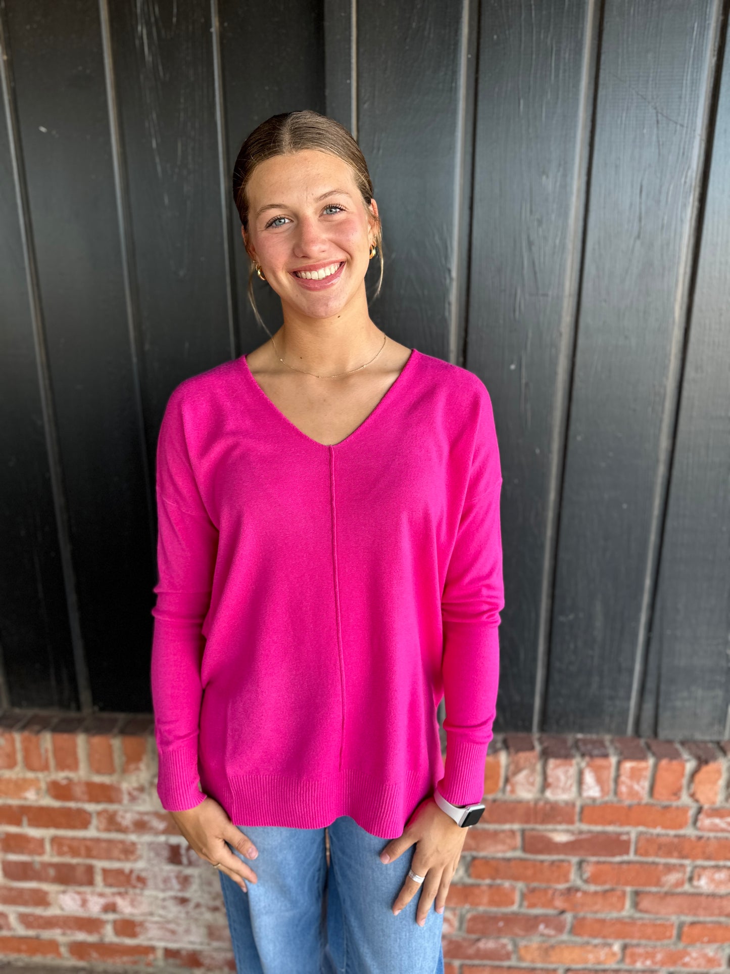 Bright pink front seam sweater