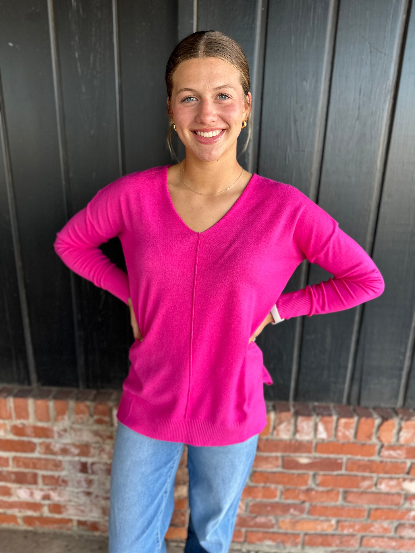 Bright pink front seam sweater