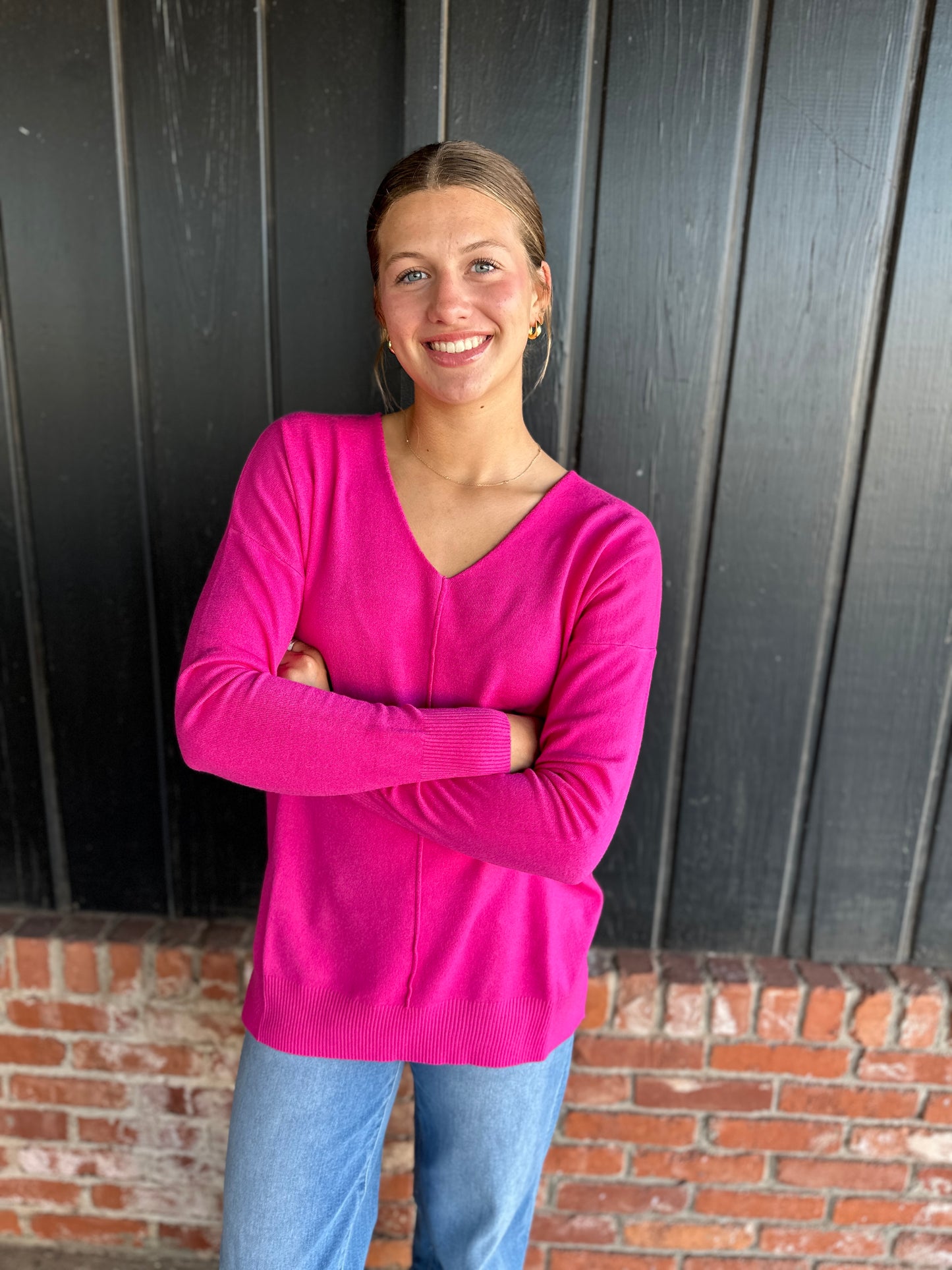 Bright pink front seam sweater