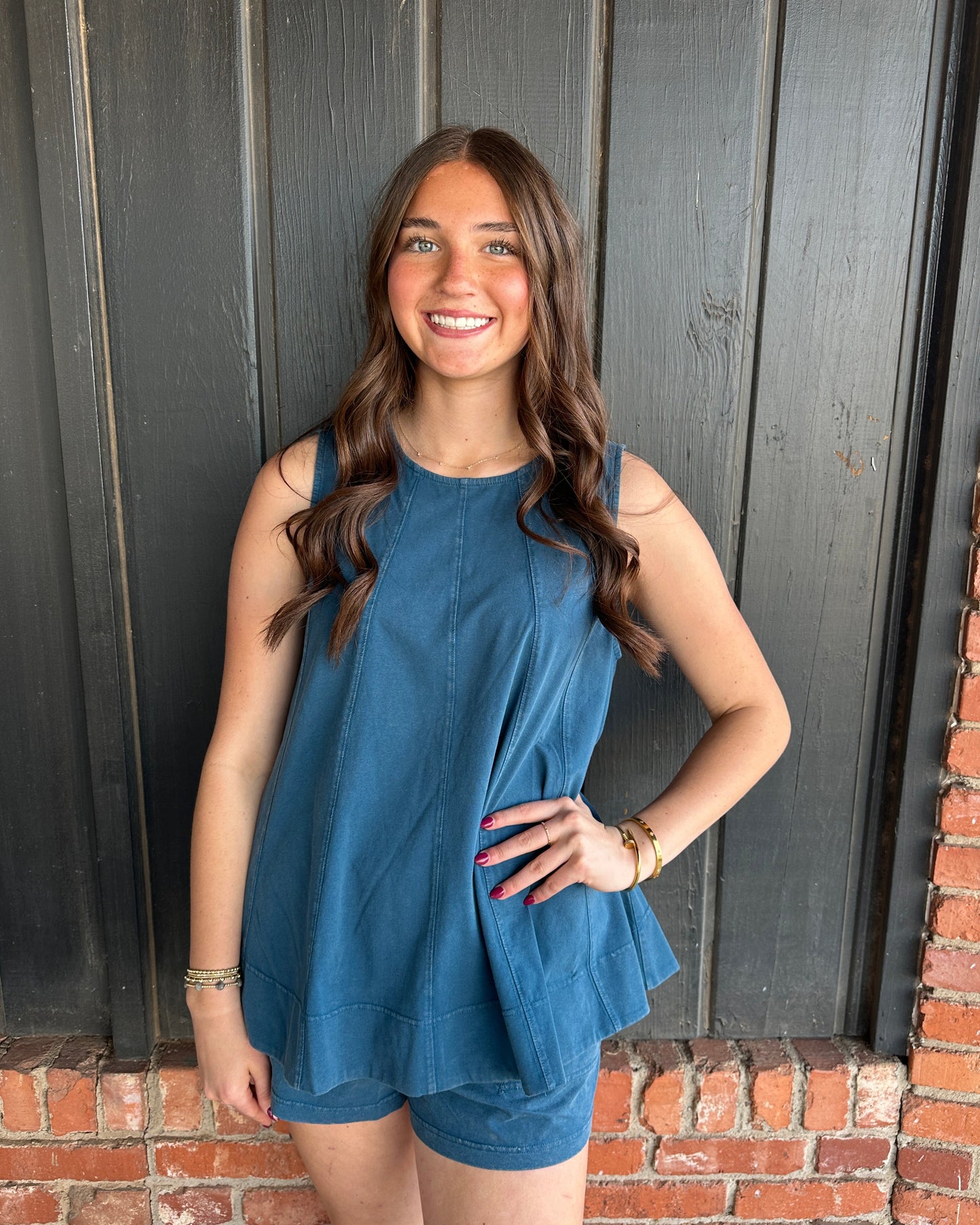 Teal Contrast TopStitch Sleeveless Swing Top
