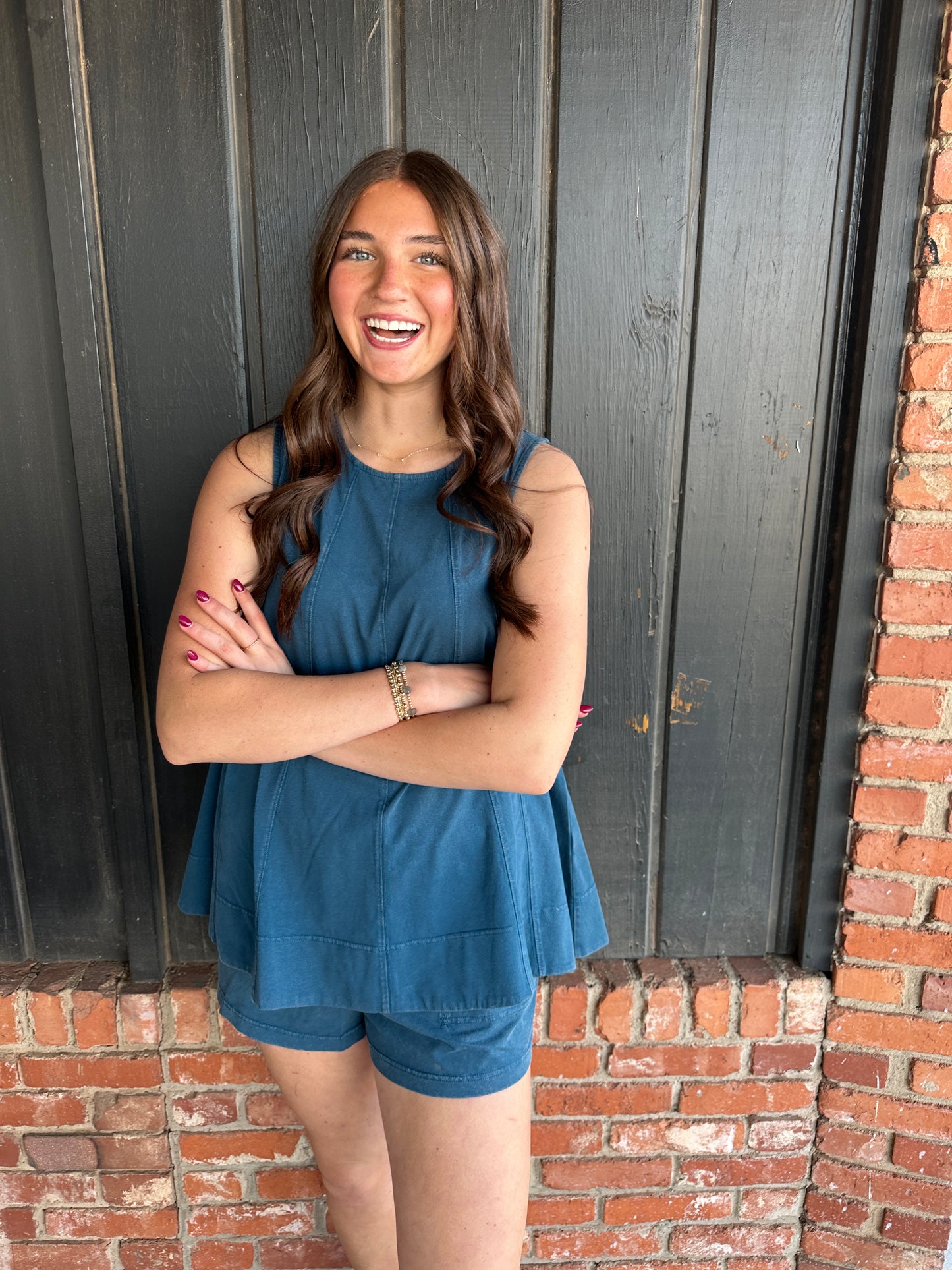 Teal Contrast TopStitch Sleeveless Swing Top