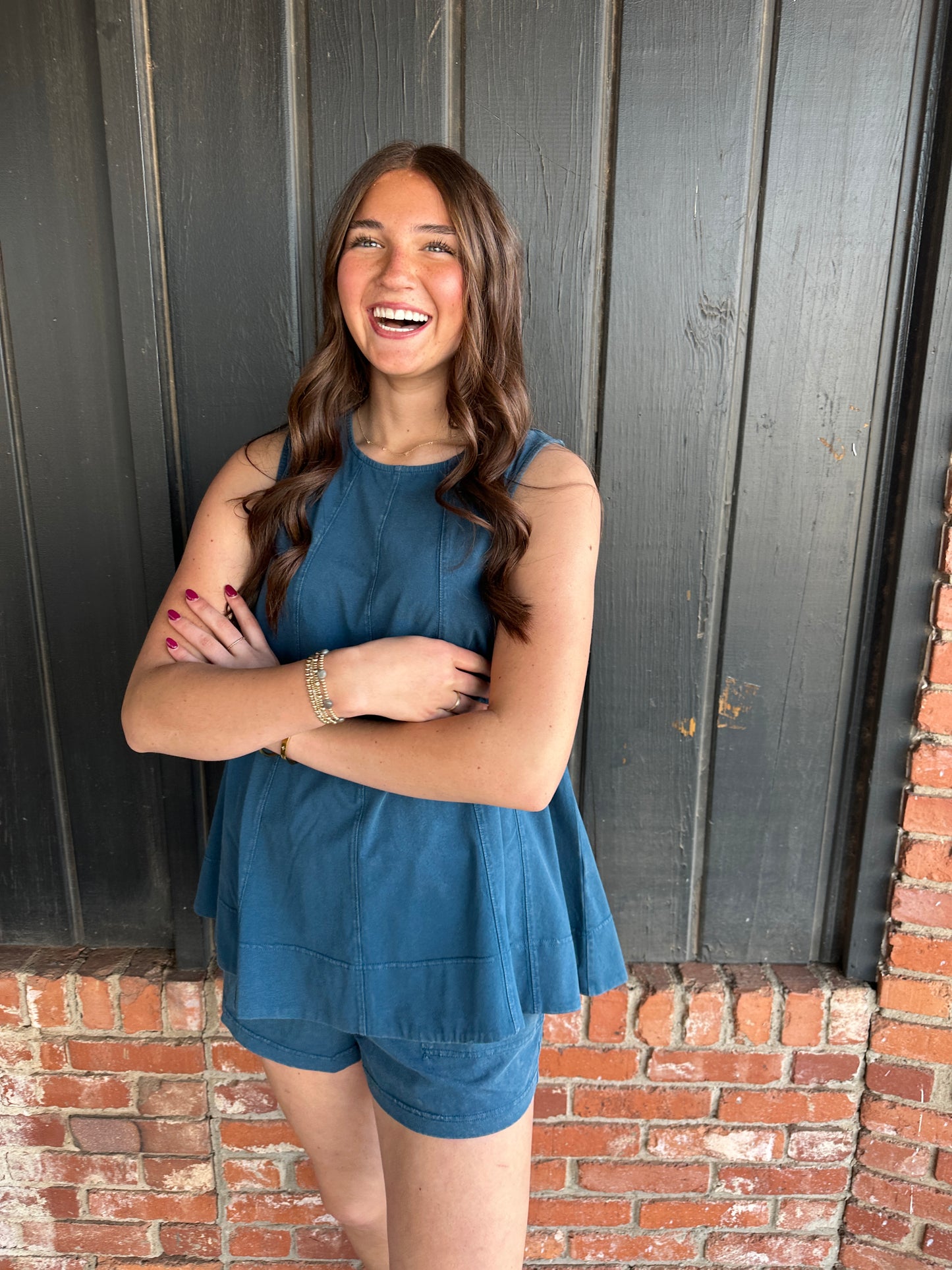 Teal Contrast TopStitch Sleeveless Swing Top