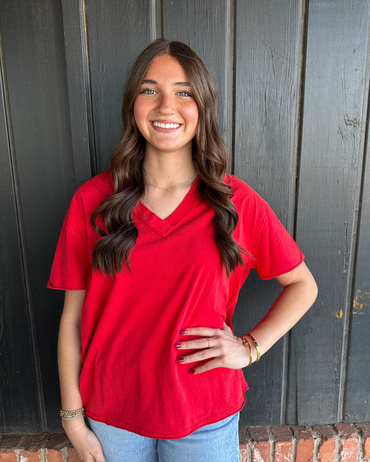 Red Washed V-Neck Oversized Tee