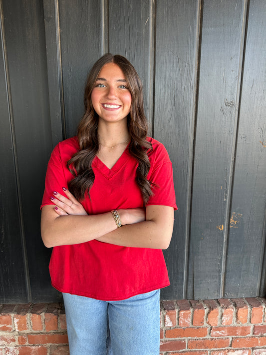 Red Washed V-Neck Oversized Tee