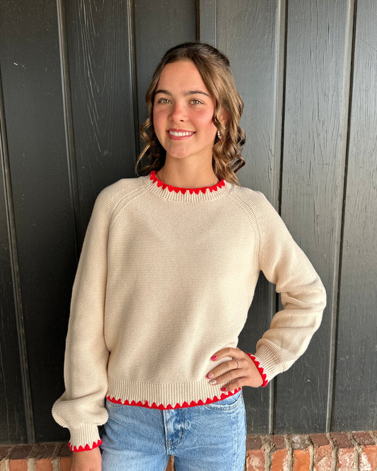 Almond Red Long Puff Sleeve Sweater with Contrast Stitch