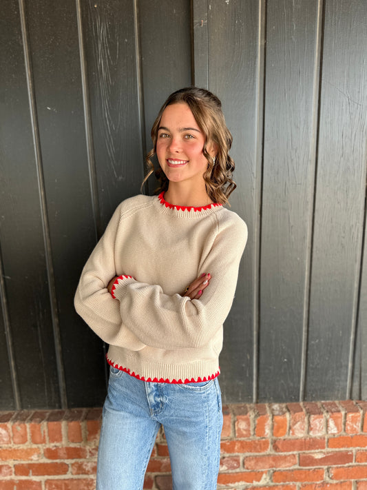 Almond Red Long Puff Sleeve Sweater with Contrast Stitch