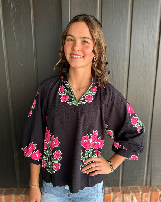 Black Bubble Sleeve Tulip Print Top