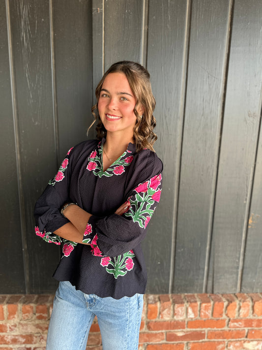 Black Bubble Sleeve Tulip Print Top