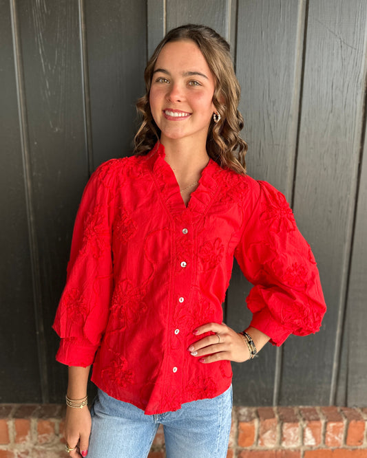 Tomato Red Textured Floral Top