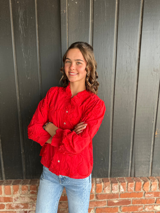 Tomato Red Textured Floral Top
