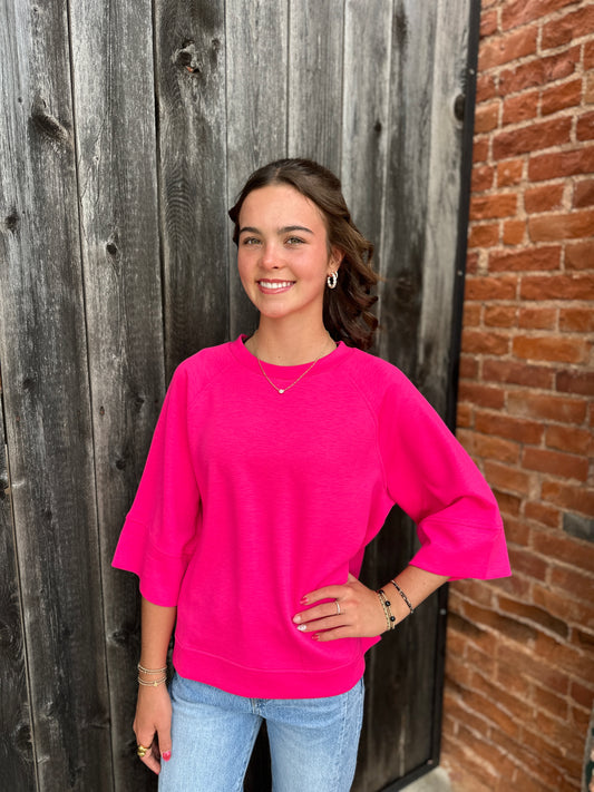 Bright Pink 3/4 sleeve Scuba Top