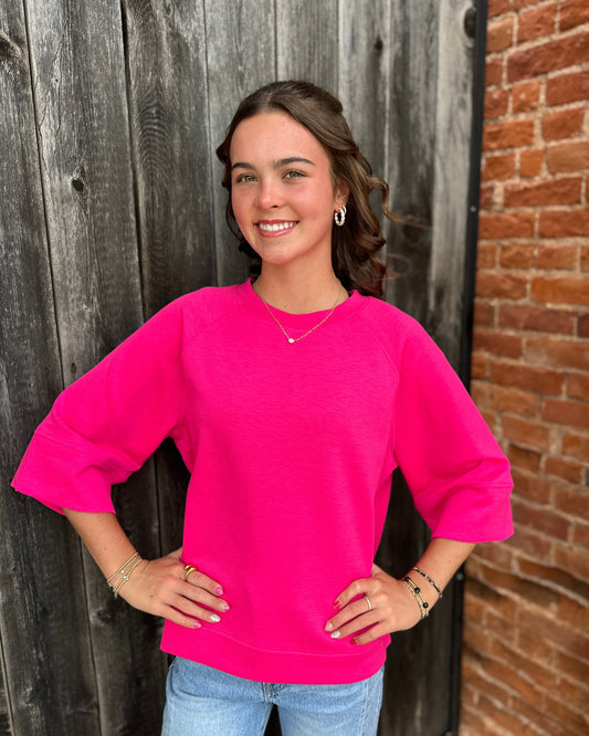 Bright Pink 3/4 sleeve Scuba Top