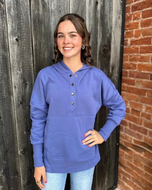 Periwinkle Half Snap Button Hooded Sweatshirt