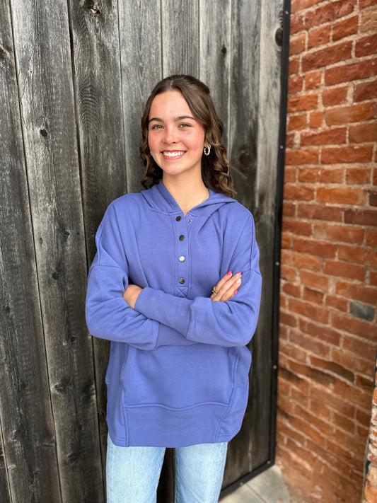 Periwinkle Half Snap Button Hooded Sweatshirt