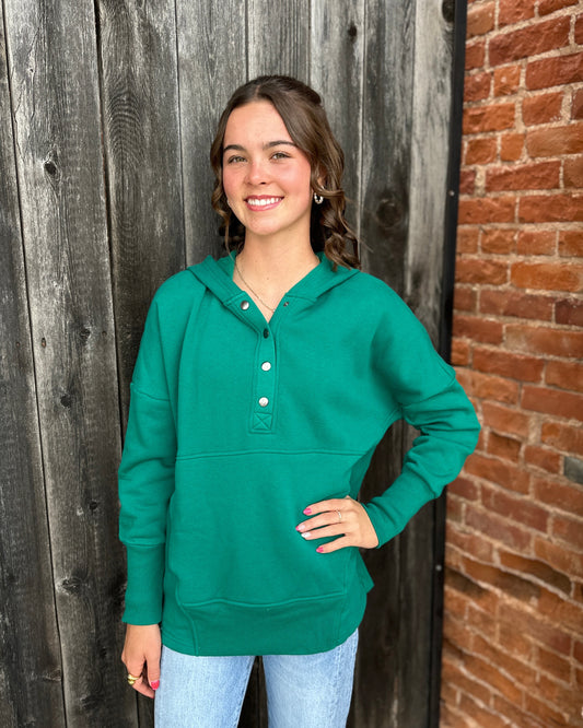 Green Half Zip Button Hooded Sweatshirt