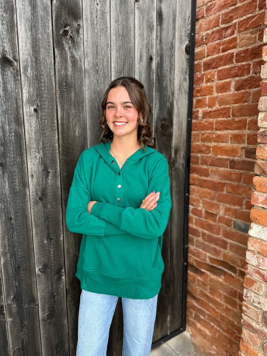 Green Half Zip Button Hooded Sweatshirt