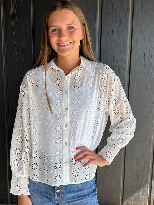 White Collared Neck Button Down Eyelet Lace Shirt