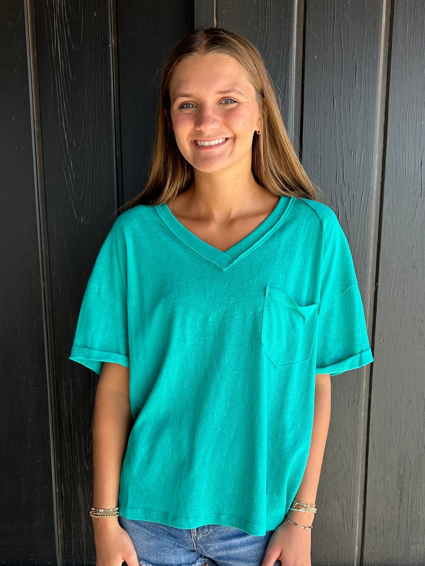 Turquoise Oversized Cotton Knit Top with Raw Edge Detail