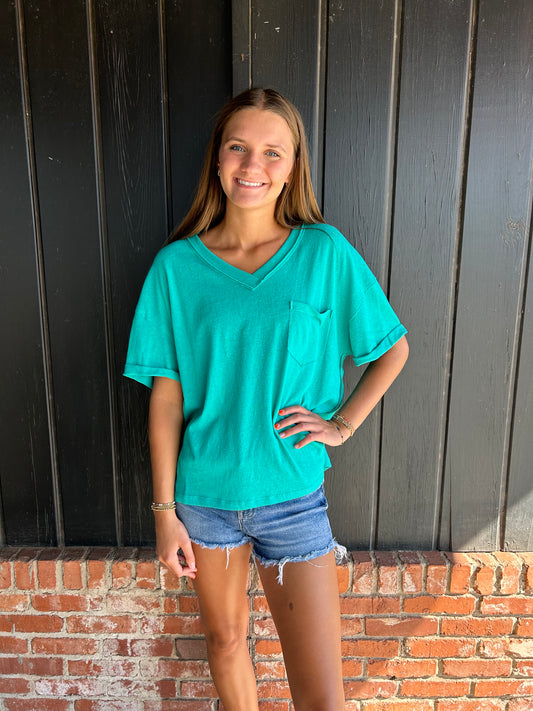 Turquoise Oversized Cotton Knit Top with Raw Edge Detail