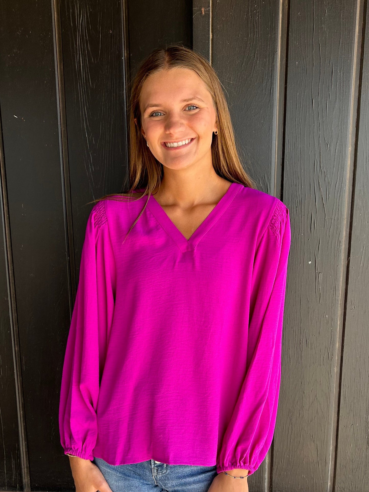 Magenta Long Sleeve V Neck Top