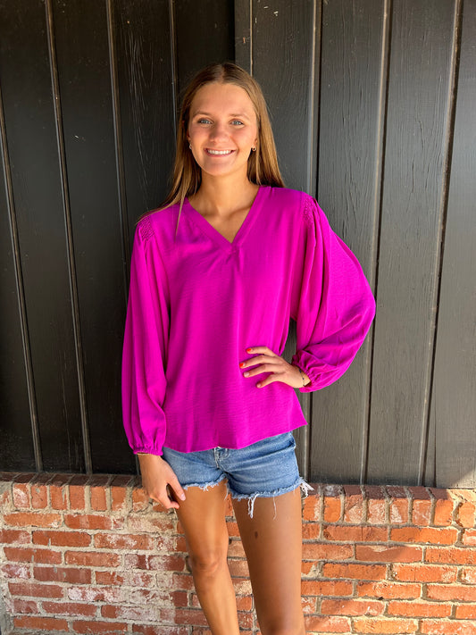 Magenta Long Sleeve V Neck Top